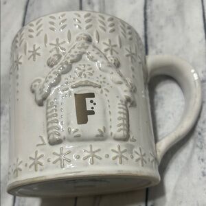 Anthropologie Cream Embossed Mug with House Design